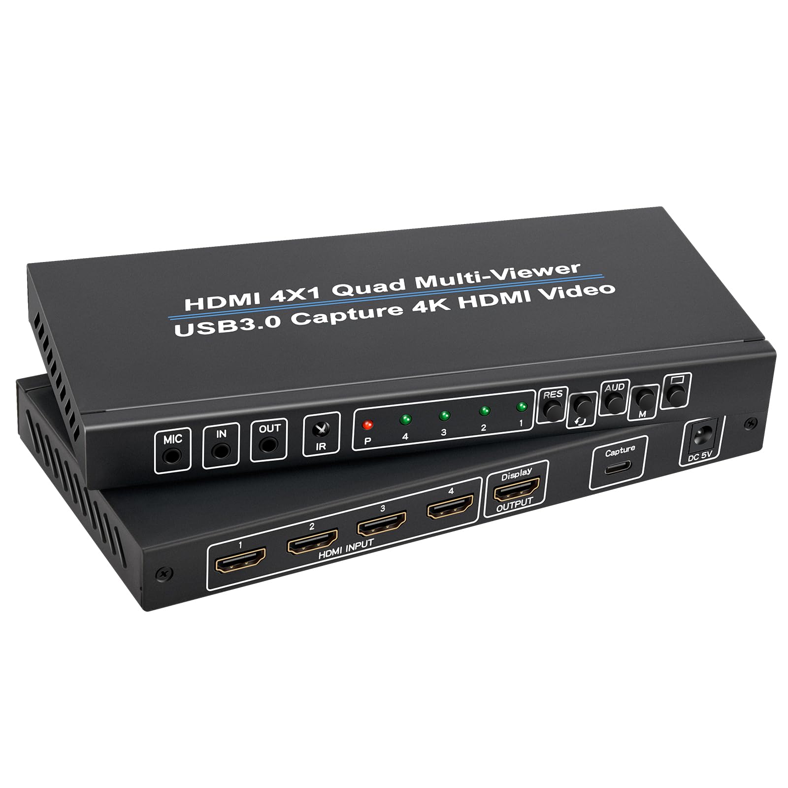 ACHAVE HDMI 4x1 Quad Multi-Viewer con acquisizione USB 3.0, convertitore video 4K, 10 modalità di visualizzazione, compatibile con live streaming, nero metallizzato