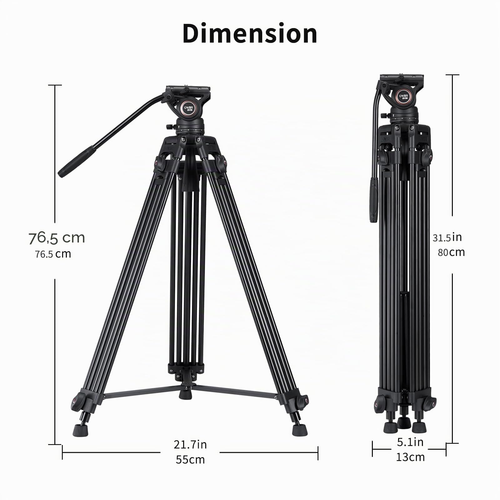 Cayer Trépied vidéo Robuste, 64 Pouces BV30-Caméscope Trépied en Aluminium, Tête Fluide K3, Écarteur de Niveau intermédiaire, Charge maximale 13,2 LB, Prise de Vue DSLR