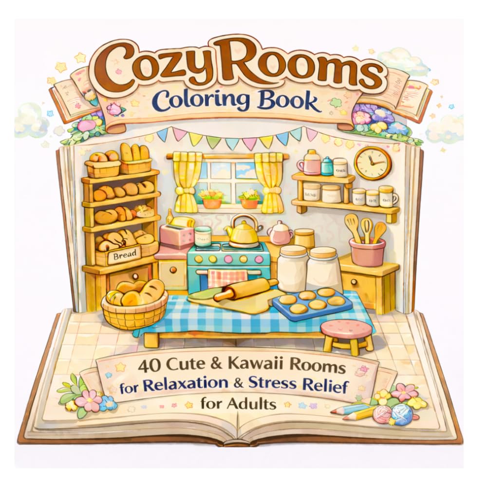 Cozy Rooms Coloring Book: 40 Cute & Kawaii Rooms for Relaxation & Stress Relief for Adults
