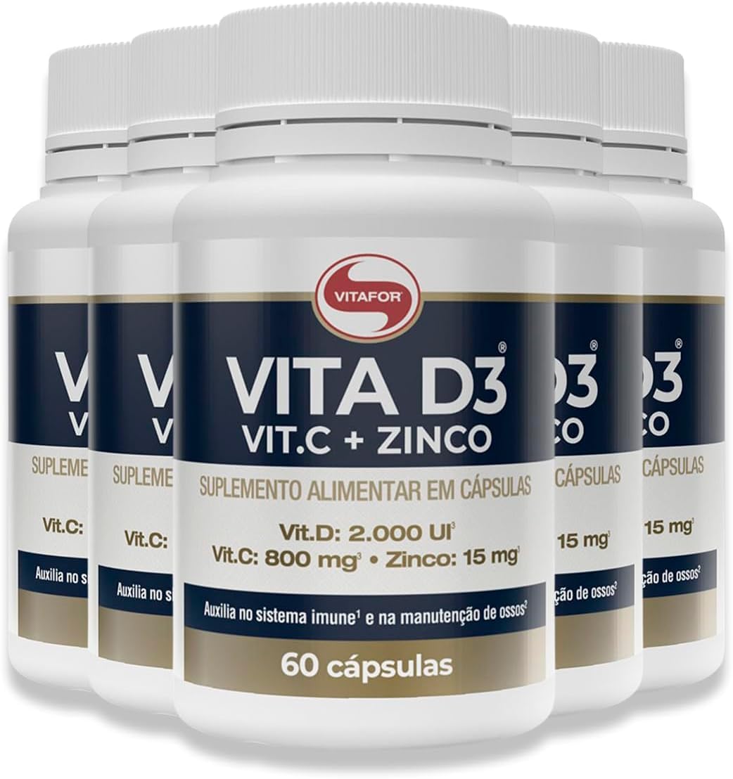 Kit 5 Vita D3 + C + Zinco Vitafor 60 cápsulas em promoção! Veja a oferta e mais achadinhos de Vitaminas & Suplementos 2 Hoje é o melhor dia para comprar Kit 5 Vita D3 + C + Zinco Vitafor 60 cápsulas com aquele preço maroto! Promoção! Aproveite a oferta! 2