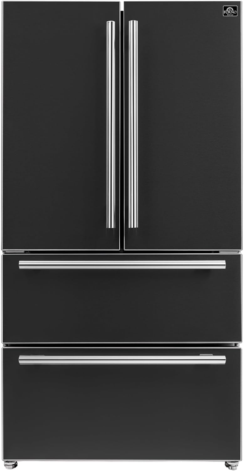 Forno 36" Espresso Moena French Door Stainless Steel Refrigerator - 19.2 Cu.ft Kitchen Fridge with LED Display and Ice Maker - Frost-free Swing Double Door Fridge with Inverter Compressor, Black