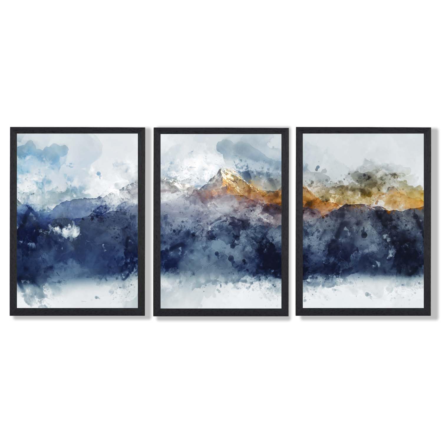 ARTZE Set of 3 Abstract Navy and Yellow Swiss Mountains Wall Art Black Frames Size: (A3-33 x 45 cm)