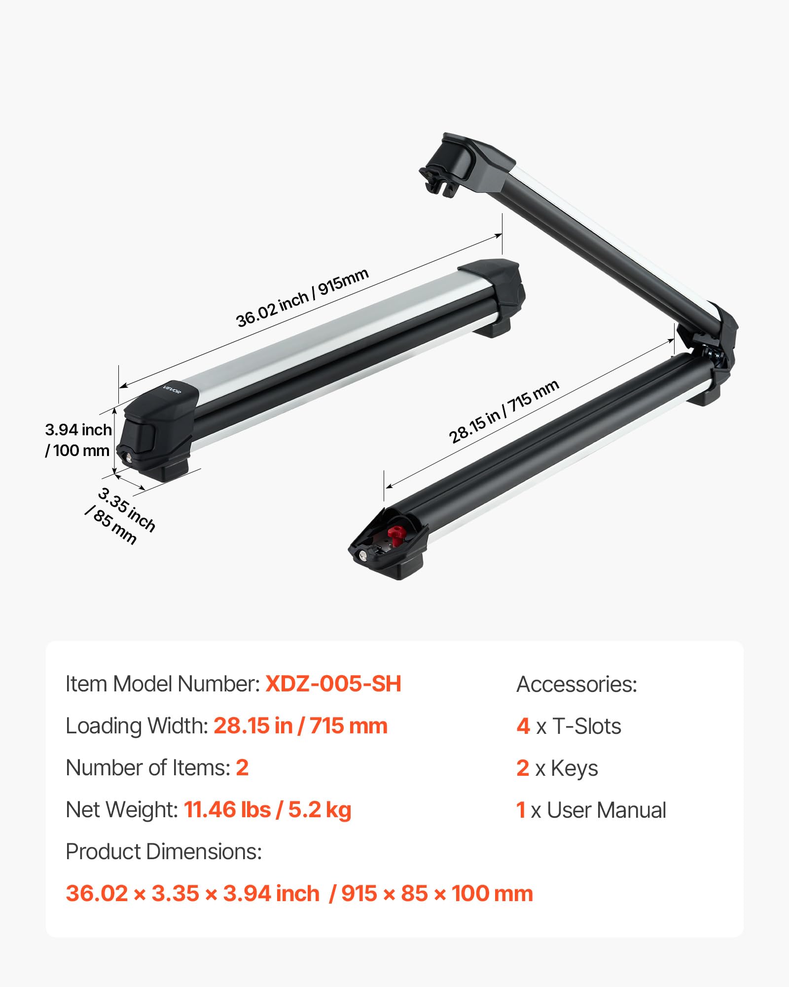 VEVOR Portaequipajes de Techo, para hasta 6 Pares de Esquís/4 Tablas de Snowboard, con Cerradura con Acolchado de Goma, para Transportar Cañas de Pescar y Patinetas, 915 x 85 x 100 mm, Negro
