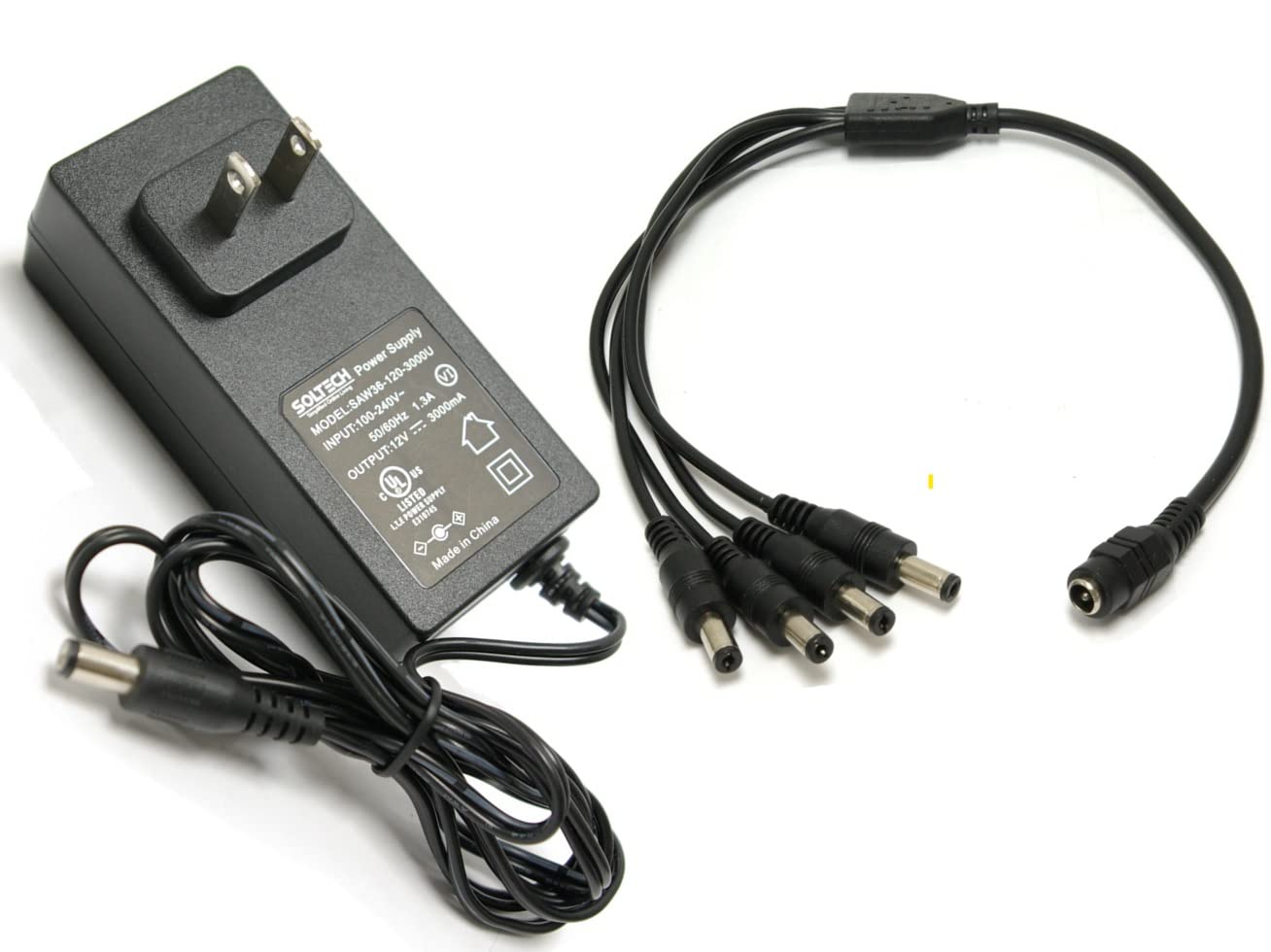 Security Camera Power Supply Adapter with 4-Way Power Splitter for CCTV DVR System, 5.5mm X 2.1/2.5mm, 100-240V AC to DC 12V 3A Converter for Samsung Wisenet Lorex Night Owl Swann Qsee, UL Listed
