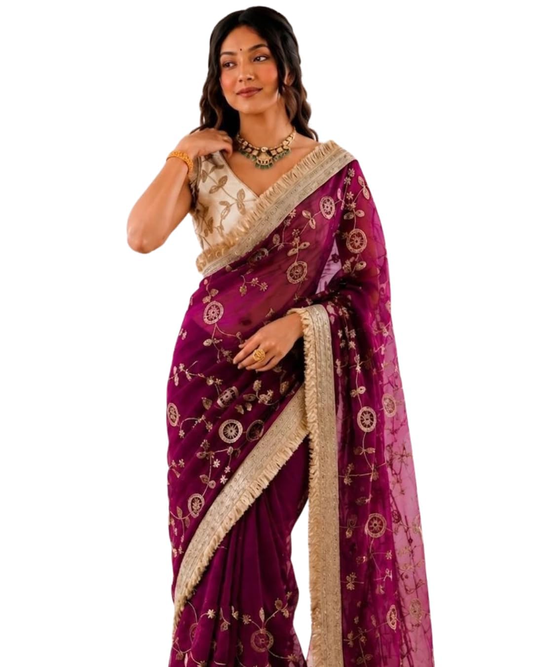 Shree Vastram Creation Women’s Satin Silk Embroidery Work Saree with Unstitched Blouse Piece_Zora-picture-25