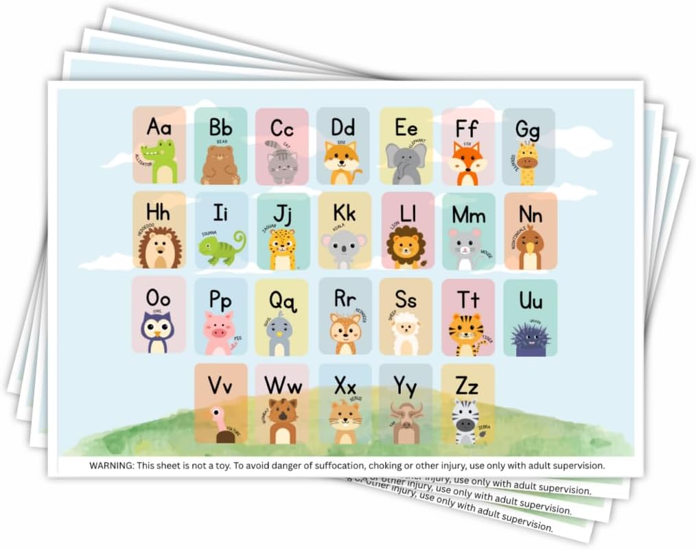 Disposable Stick-on Placemats 40 Pack for Baby & Kids, Restaurant Table Mats 12" x 18" Sticky Place Mats, Toddler Baby Placemat, Animal Alphabet Theme