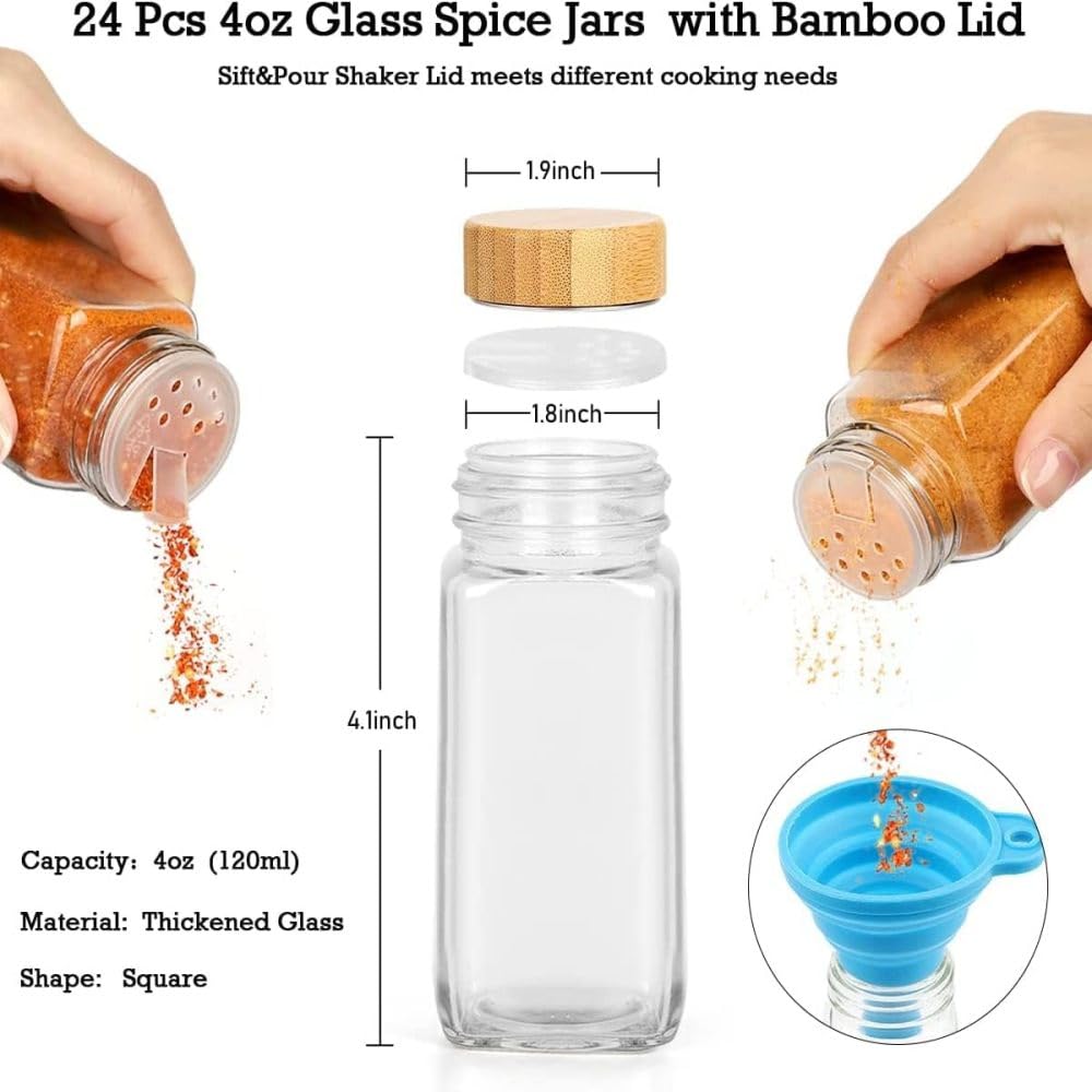 Lot de 24 pots à épices en verre avec 40 étiquettes autocollantes - Contenants à épices carrés vides de 118 ml, 24 couvercles shaker et bouchons métalliques hermétiques - Stylo de peinture, entonnoir