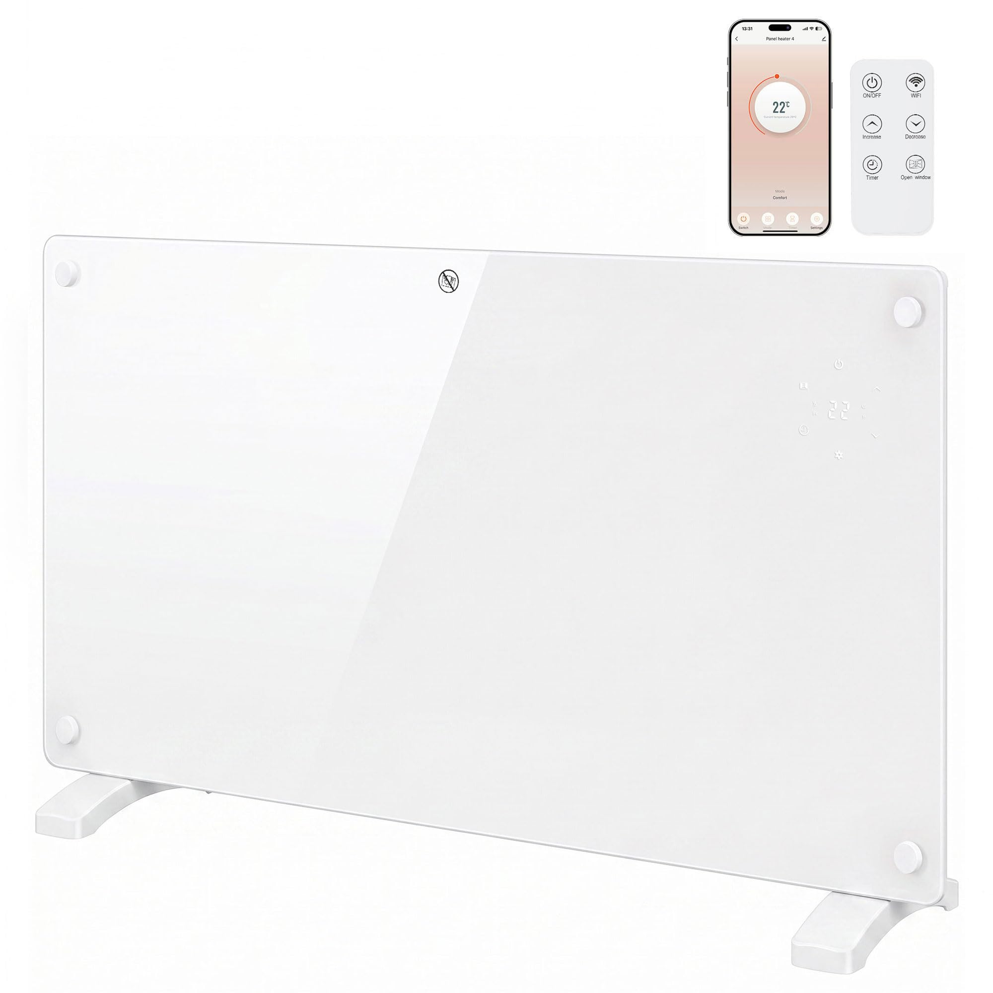 HOMCOM 1500W Smart Glass Panel Heater Wall Mounted & Freestanding, White