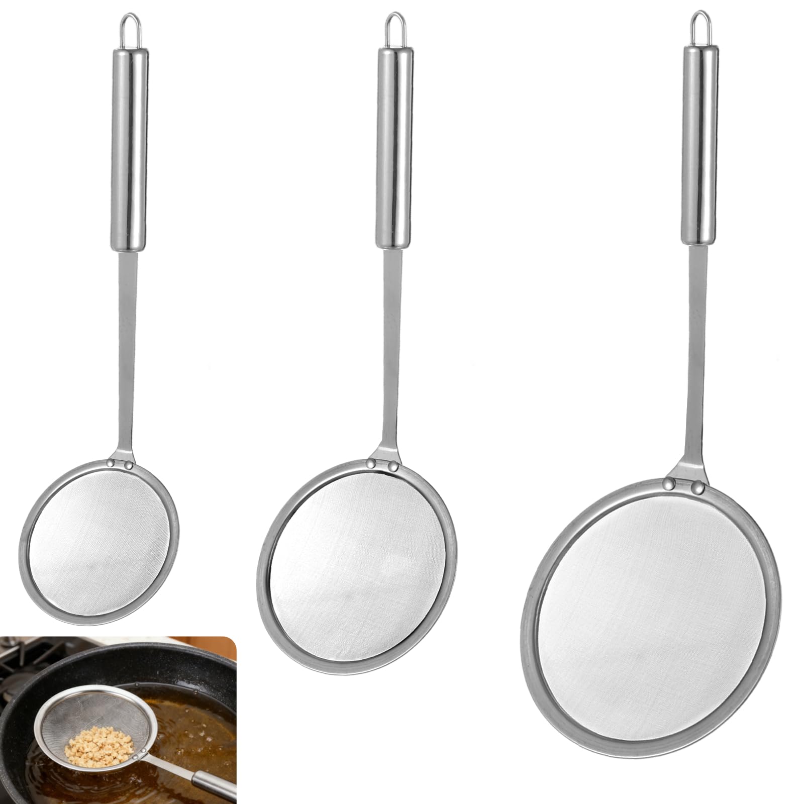 3 Stk. Feinmaschiges Schaumlöffel-Set, 304 Edelstahl Ölfilter-Sieblöffel, multifunktionales Küchen-Mesh zum Abschöpfen von Fett und Schaum, 3 Größen, für Kochen und Frittieren