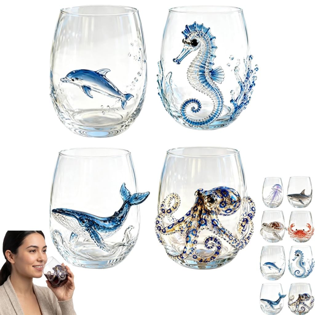 Artisanal Blue Ringed Octopus Glassware,3D Ocean Glass Wine Glass,Set2