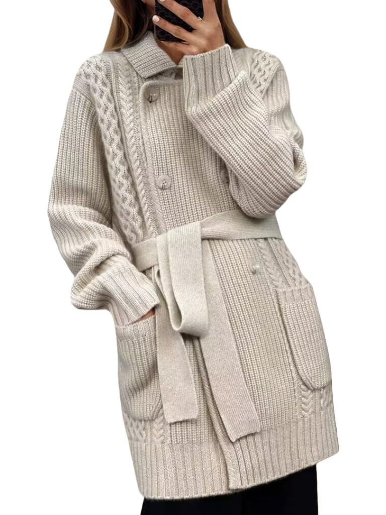 Gilet Long en Maille Torsadée pour Femme Col À Revers Veste Croisée en Maille avec Poches Manteau Gilet Oversize Épais et Chaud pour L'Automne et l'hiver