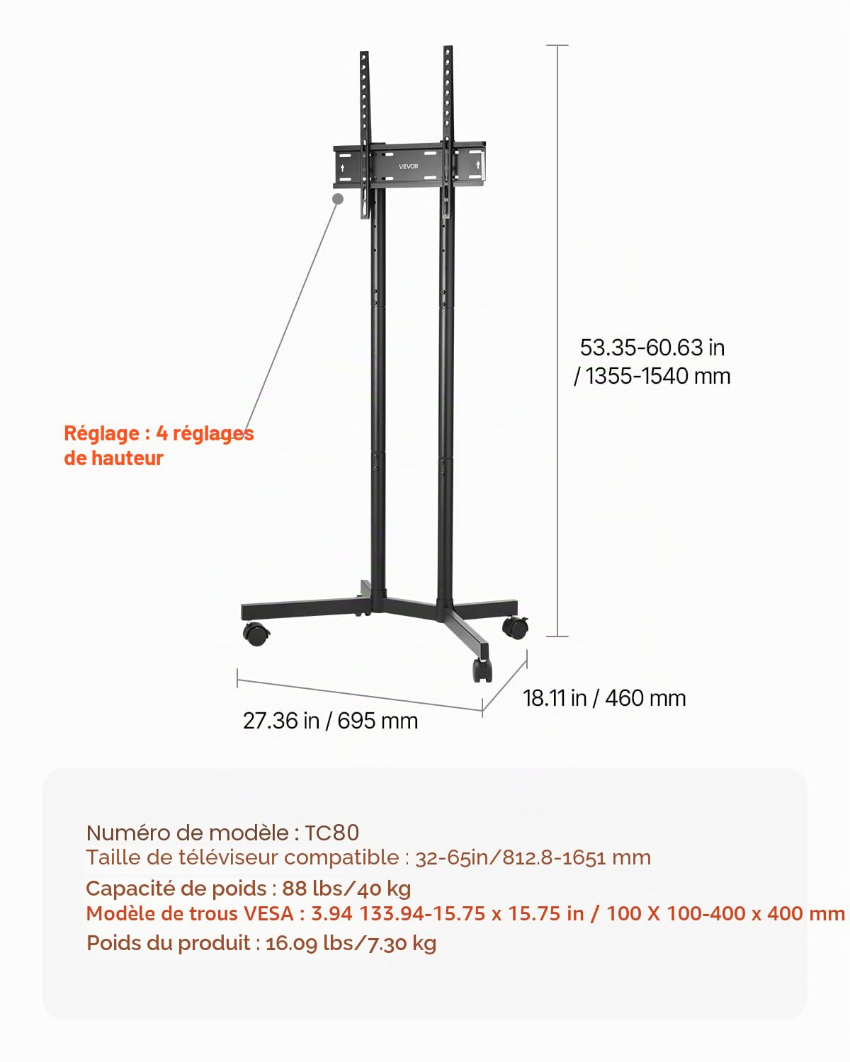VEVOR Support TV à roulettes, pour téléviseurs/LED/LCD/OLED de 812,8 à 1651 mm, Chariot TV Mobile, jusqu'à 40 kg, Support télé sur Pied Portable, Max. VESA 400 x 400 mm, pour Salon, Bureau, extérieur