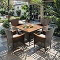 RoyalCraft 5 Piece Patio Wicker Dining Sets for 4, Water-Resistant Rattan Outdoor Dining Table and 4 Chairs with Wood Table Top, Conversation Set for Deck, Garden, Backyard, Removable Cushions, Teak
