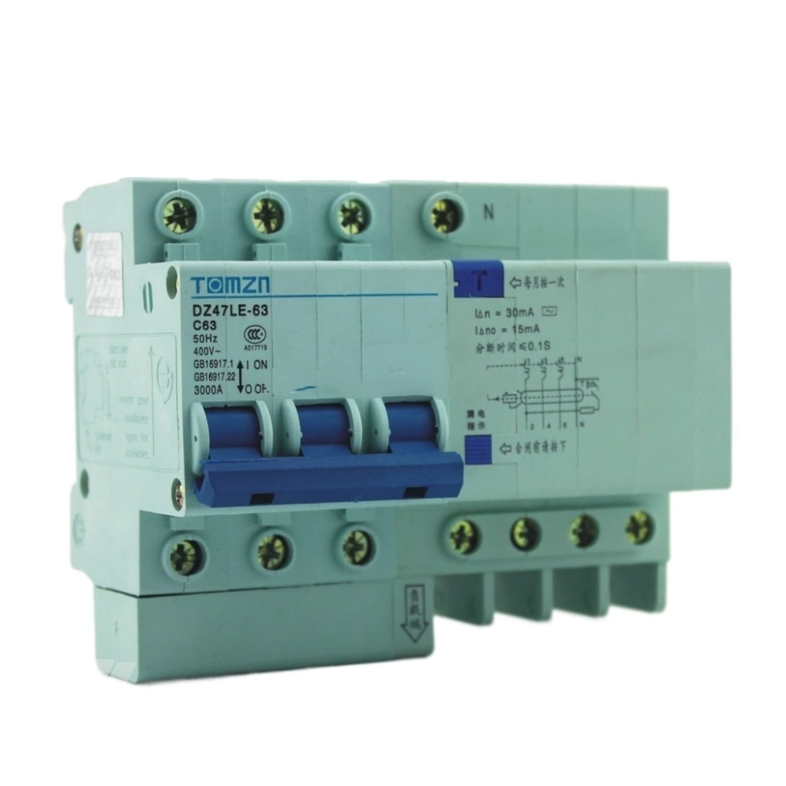 YFHGULBTK DZ47LE 3P+N 63A 400V~ 50HZ/60HZ Residual Current Circuit Breaker with Over and Leakage Protection