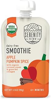 Serenity Kids Organic Apple Pumpkin Spice Pouch, Toddler Snacks, 3.5 OZ | 5g Grass-Fed Collagen Protein Smoothie, USDA Organic Dairy-Free, Breakfast Smoothie, Travel Snacks, Gluten Free Snacks