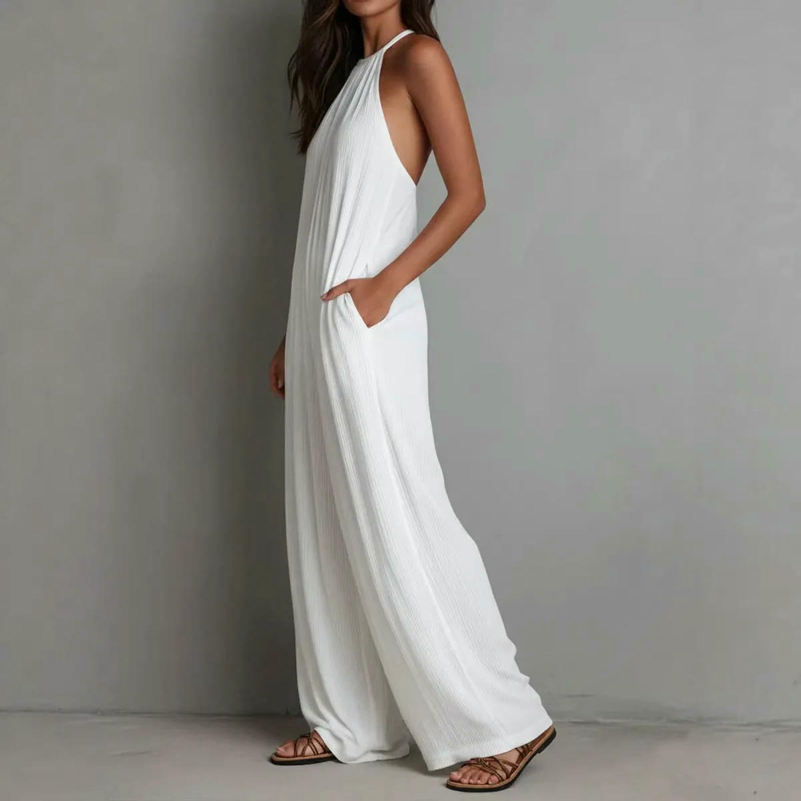 Mono De Verano Mono Informal Sin Espalda para Vacaciones De Playa, Moda De Verano.