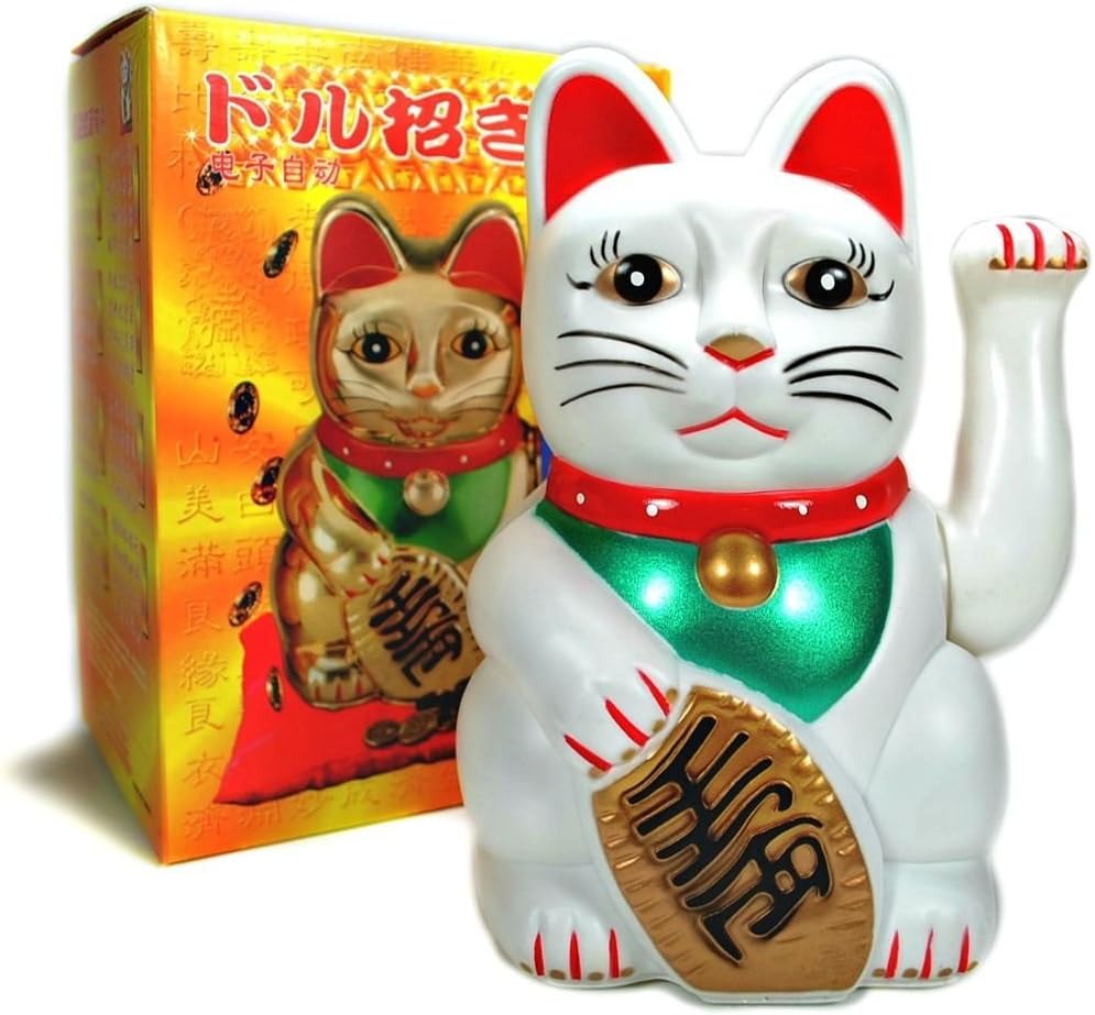 Monkey King White Feng Shui Lucky Cats Lucky Beckoning Waving Wealth Cat Maneki Neko 5" Tall