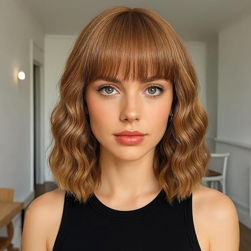 Ombre Brown Highlights Blonde Wig with Bangs for Women 12inch