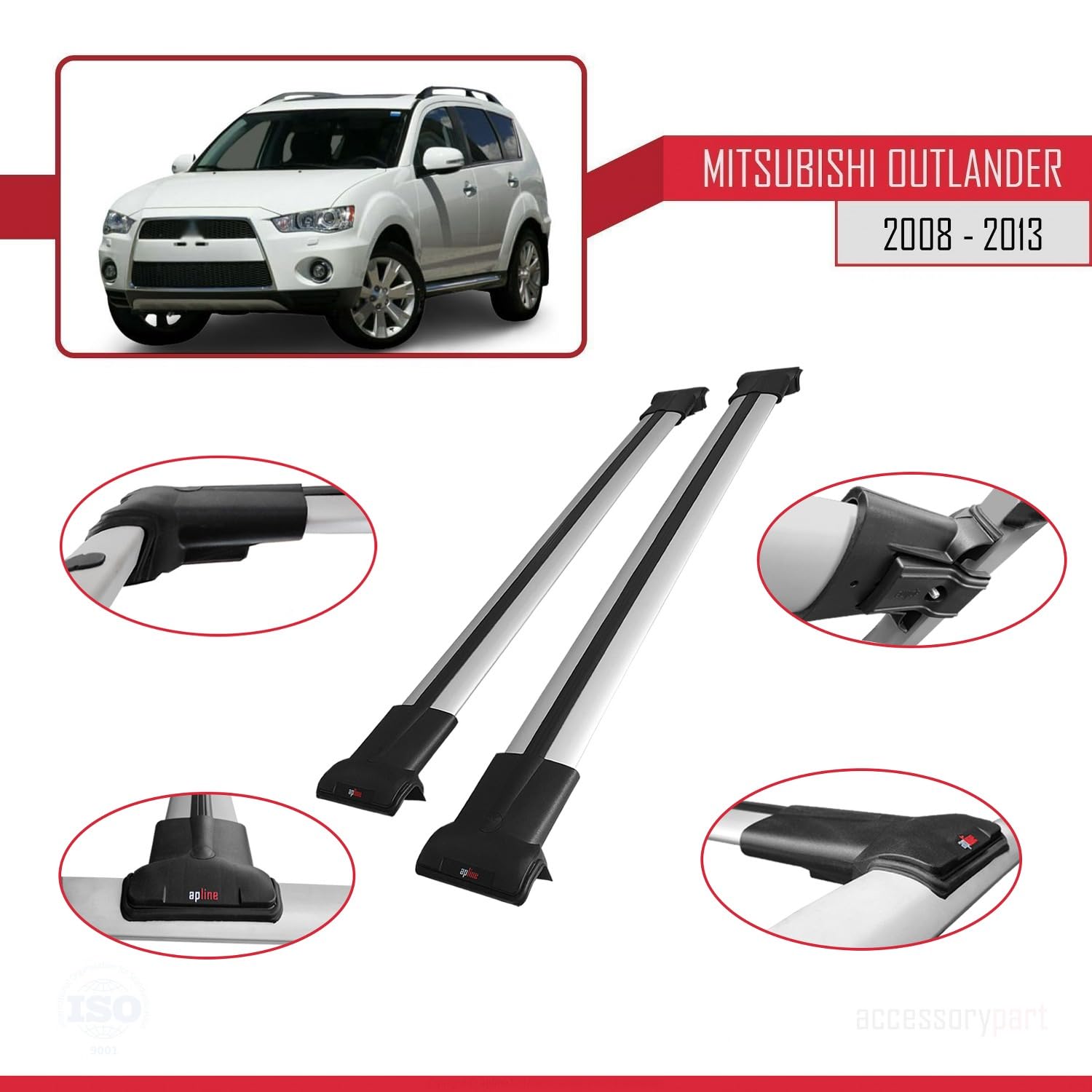 Barras De Techo FLY Para Mitsubishi Outlander 2 2007-2012 – Portaequipajes De Aluminio Gris Con Kit De Montaje, Carga Máxima 75kg En Movimiento