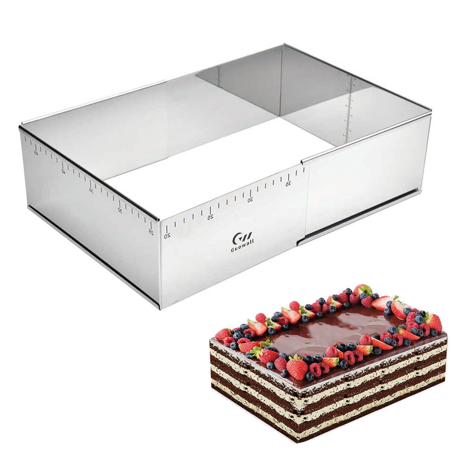 Guowall Rectangular Shaped Cake Ring Mold Stainless Steel Heavy Duty Adjustable Tiramisu Pan Big Size Extensible Pastry Mould Form for Baking - 10 x 7 x 4 inch