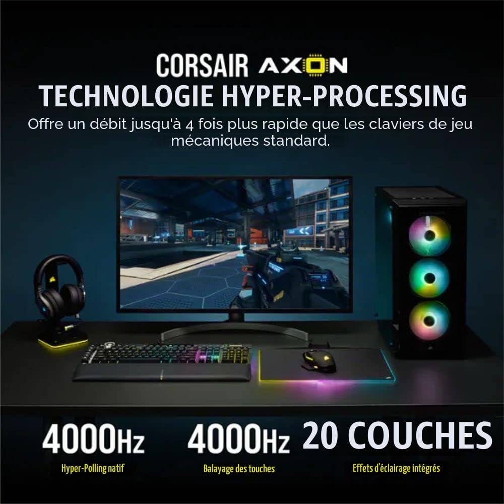 Corsair K100 RGB Clavier Optique mécanique pour Gaming (Touches Corsair OPX : Hyperfast & linéaire, Repose-Paume en Similicuir, Touches PBT Double Shot, intégration Elgato Stream Deck) QWERTY Noir