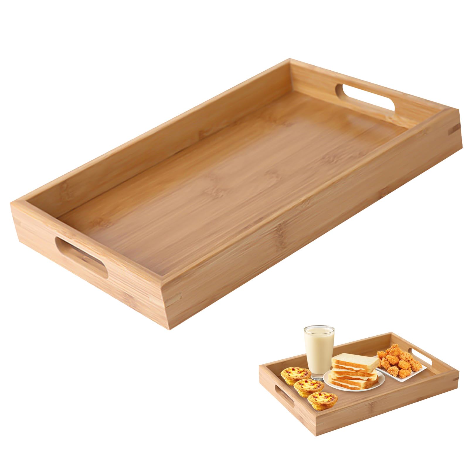 Bamboo Serving Tray Rectangular - Food Tray with Handles, for Breakfast, Dinner, Tea, Coffee, Snack - 38 x 25 x 4cm