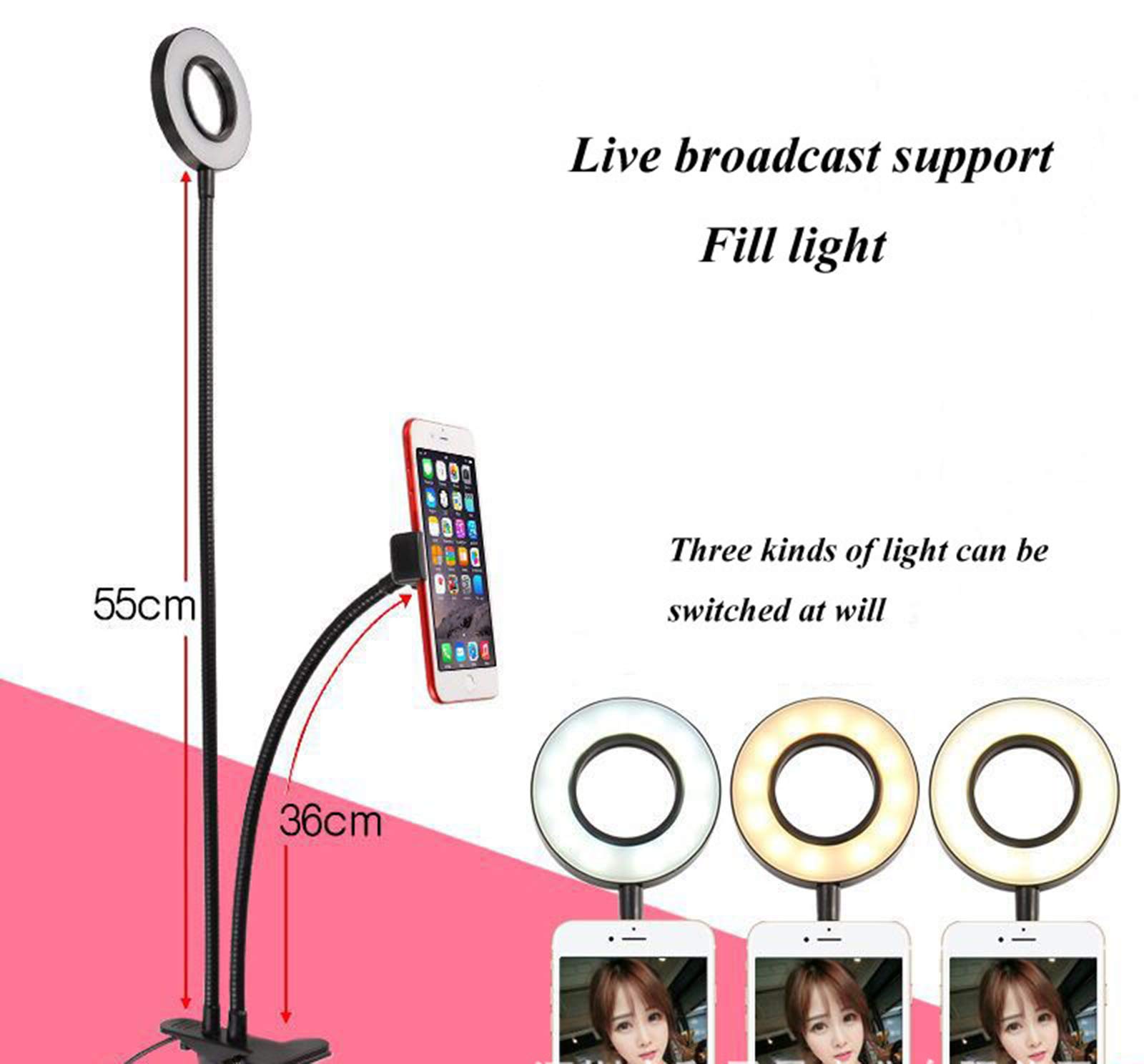 Luce ad Anello LED Ring Light, Lampada Anulare Regolabile 21" Clip per Telefono Flessibile a Collo di Cigno, 3 modalità Colore per Youtube,Trucco, TIK Tok, Fotografia