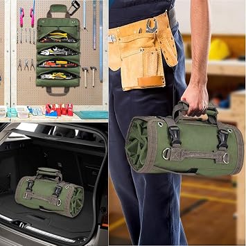 Roll Up Tool Bag, Heavy Duty Portable Soft Tool Storage with 2 Detachable Pouches,guy gifts for Him Dad Men Mechanic Welding, Green
