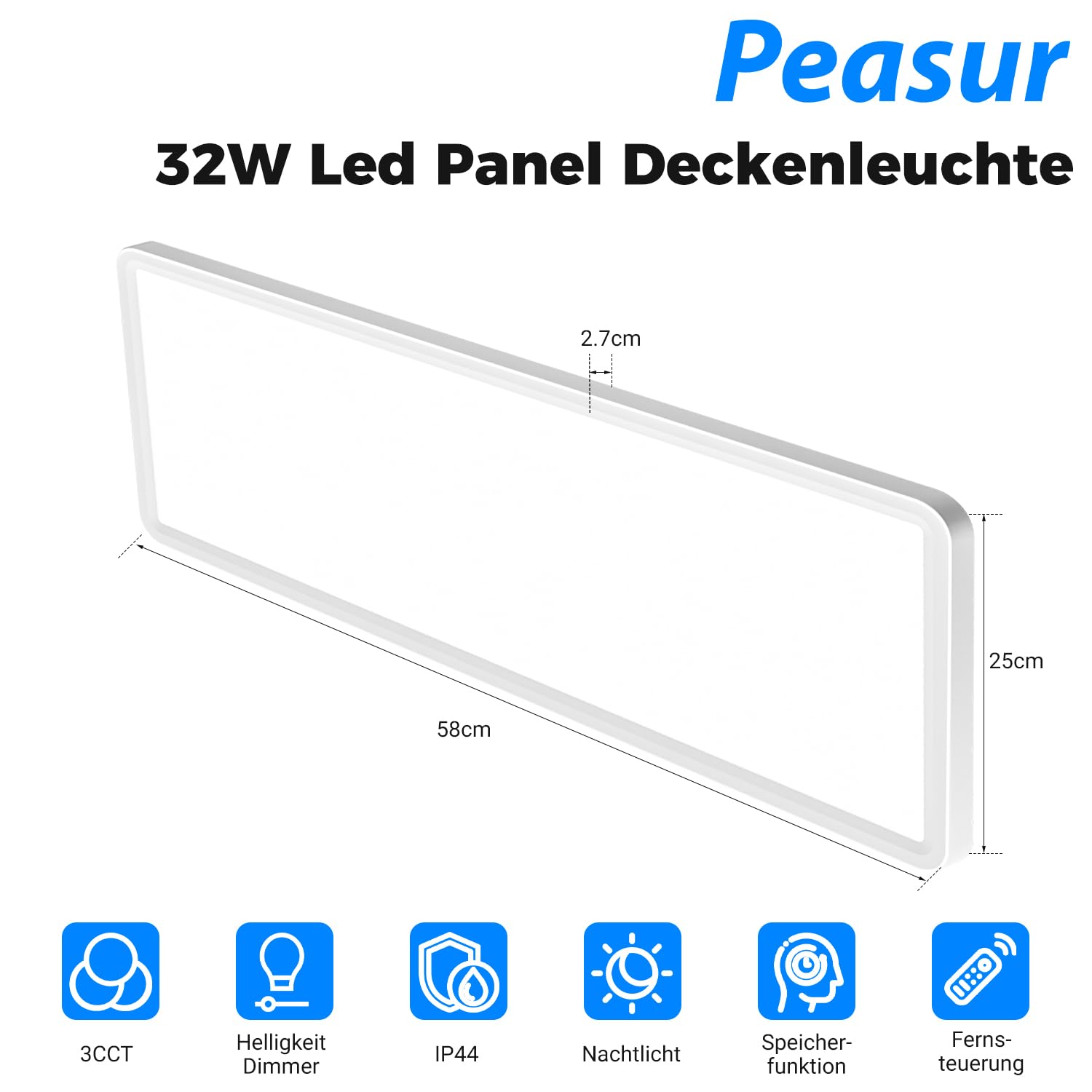 Peasur LED Deckenleuchte Flach 58x20cm 3500LM, Deckenlampe Dimmbar mit Fernbedienung 3000K-6500K, IP44 Küche Deckenleuchte Rechteckig LED Panel für Wohnzimmer Schlafzimmer Badezimmer Büro