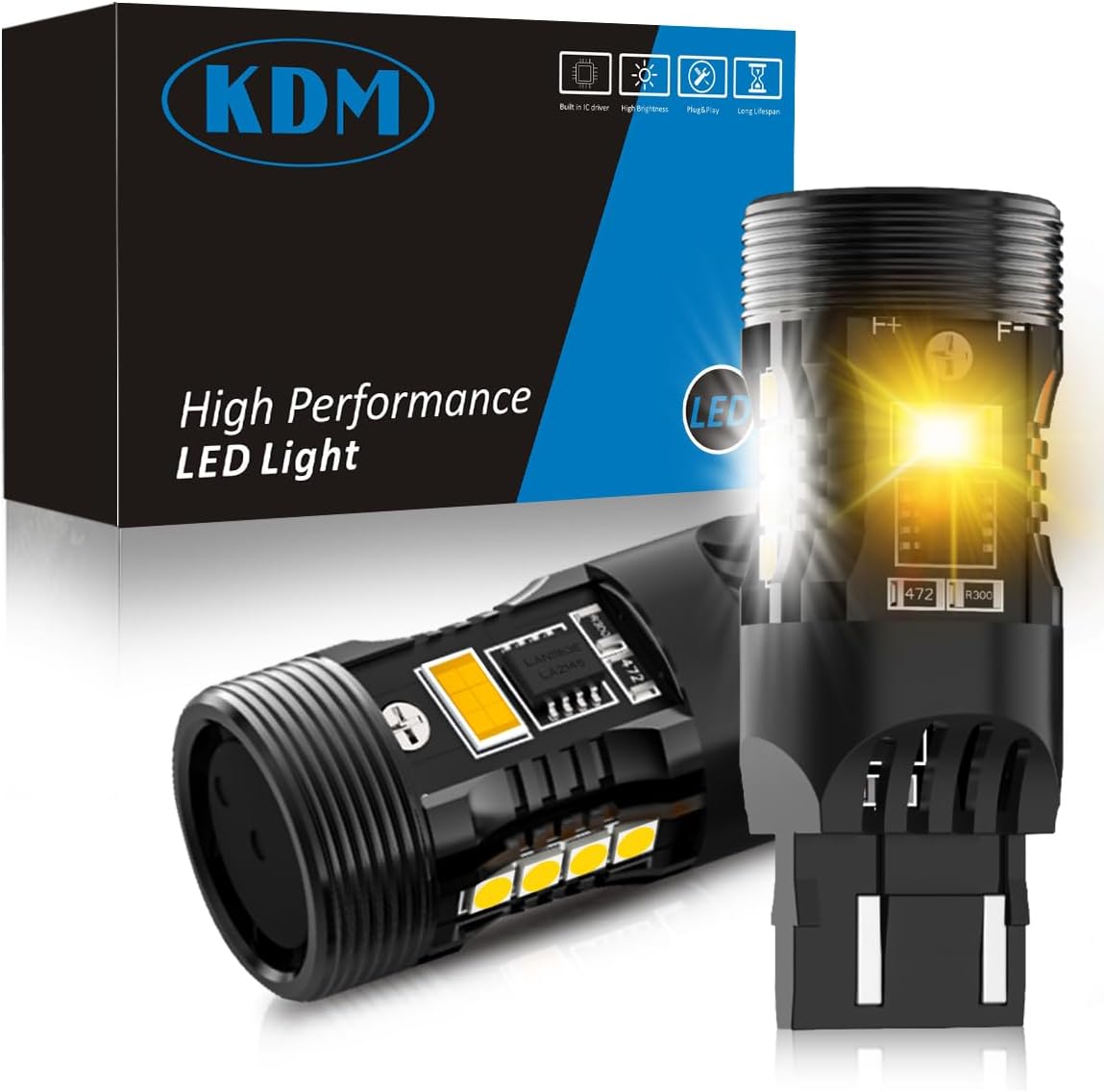 KDM 7443 Switchback Bulb for 2024 2025 To-yota Tacoma 4TH Gen,60W Replacement Bulb T3 7444 7444NA W21W DRL Turn Signal Parking Light Built in Resistor with Turbo Fan,Dual Color White Amber,2Pcs