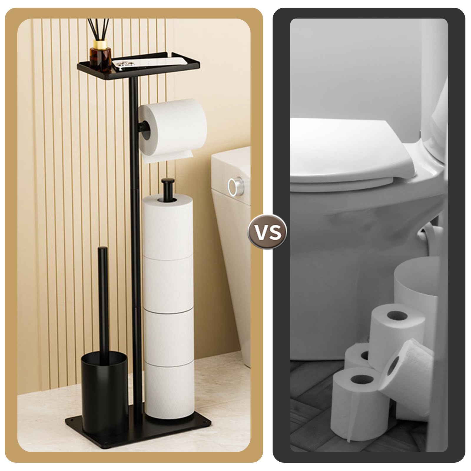 LYGSWDB Mattschwarzer Stand-Toilettenpapierhalter und Bürstenset – stilvoller Halter mit Ablage für Toilettenpapier-Reinigungstücher und Bürste – Perfekter Badezimmer-Nizer