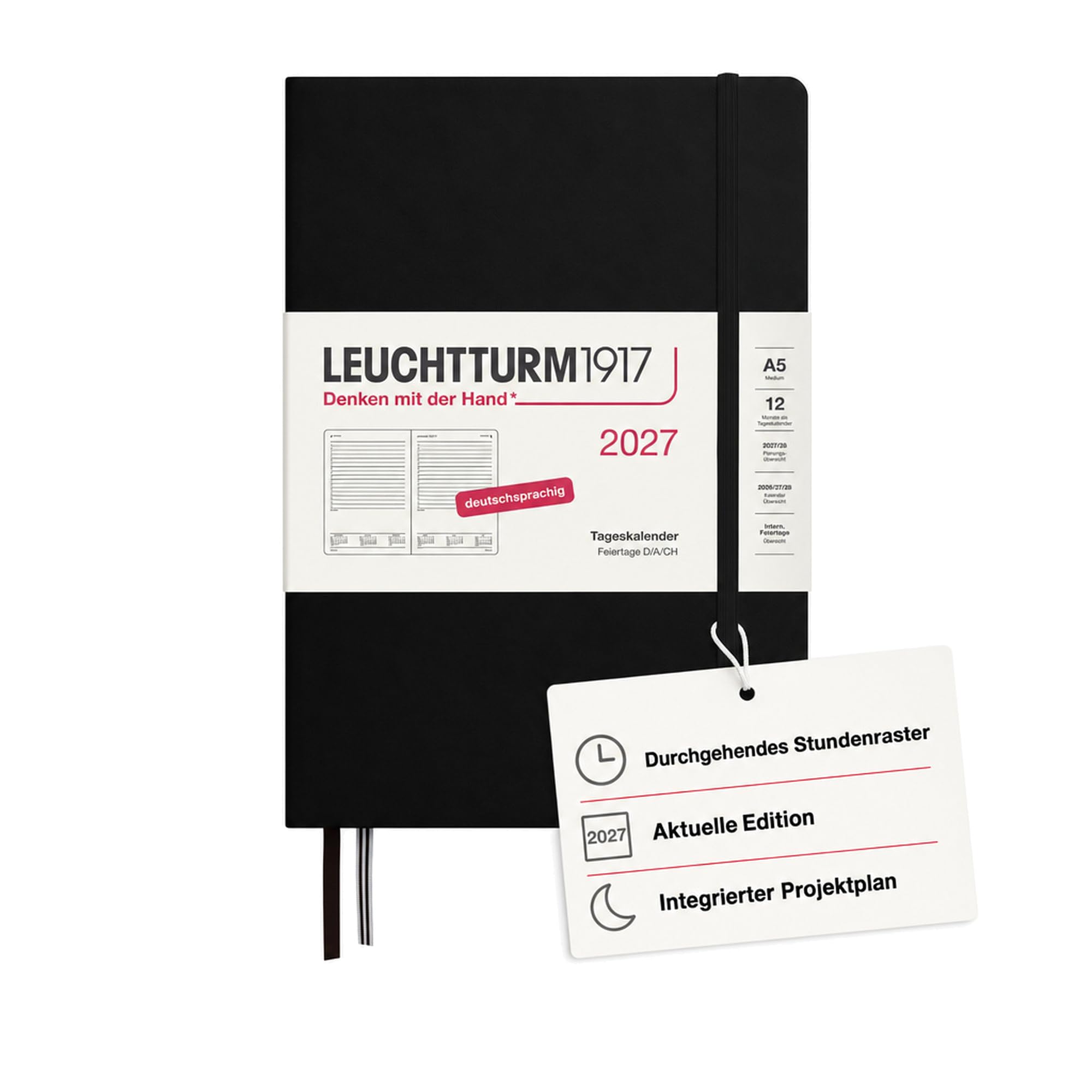 LEUCHTTURM1917 Kalendarz dzienny na rok 2027, średni (A5), niemiecki, czarny, 145 x 210 mm, styczeń-grudzień (12 miesięcy), 1 strona na dzień, siatka godzinowa 7:00-22:00, twarda okładka, papier 80 g | Jedna cała strona dziennie, siatka godzinowa 7-22, 46