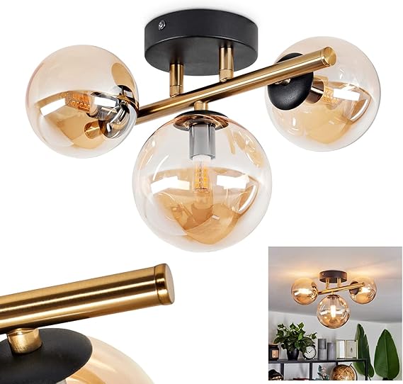 hofstein Plafondlamp Chehalis, wandlamp van metaal/glas in zwart/bras/amber, lamp met kap van echt glas, retro/vintage design, Ø 10/12 cm, 3 x G9, zonder gloeilampen