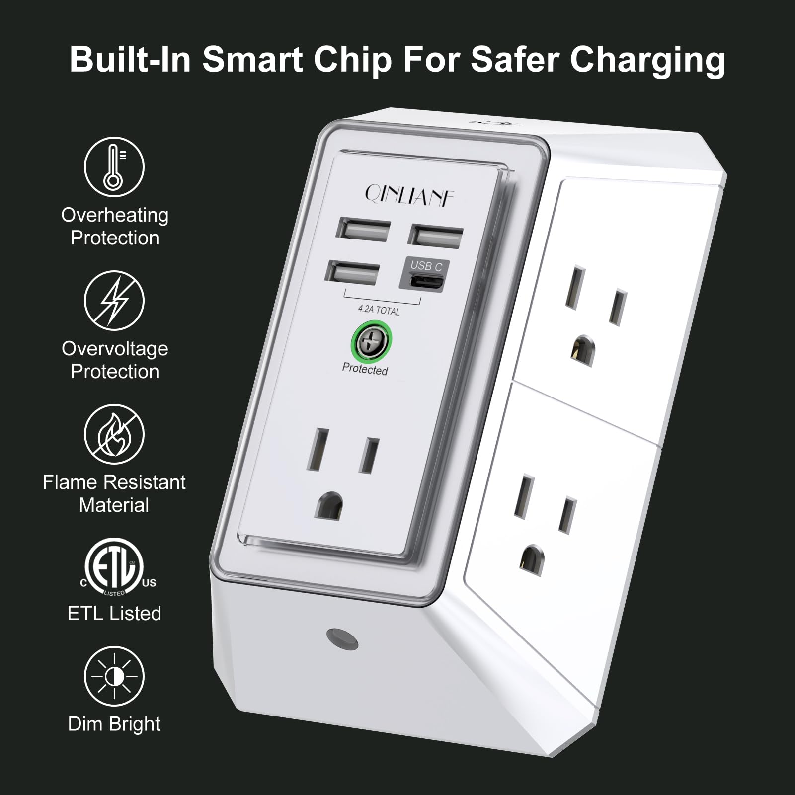 QINLIANF - Regleta de protección contra sobretensiones de 3 lados, enchufe múltiple con 5 extensores de salida y 4 puertos USB (1 USB-C) y luz nocturna, cargador de pared USB para el hogar, oficina