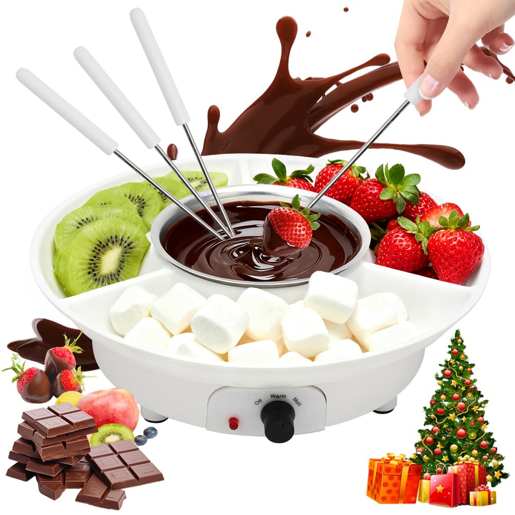 DASIAUTOEM Juego de fondue de chocolate, de cerámica, mini fondue de chocolate, fondue de queso, juego con 4 tenedores, fondue de chocolate calentada con una vela de té para dulces, mantequilla y