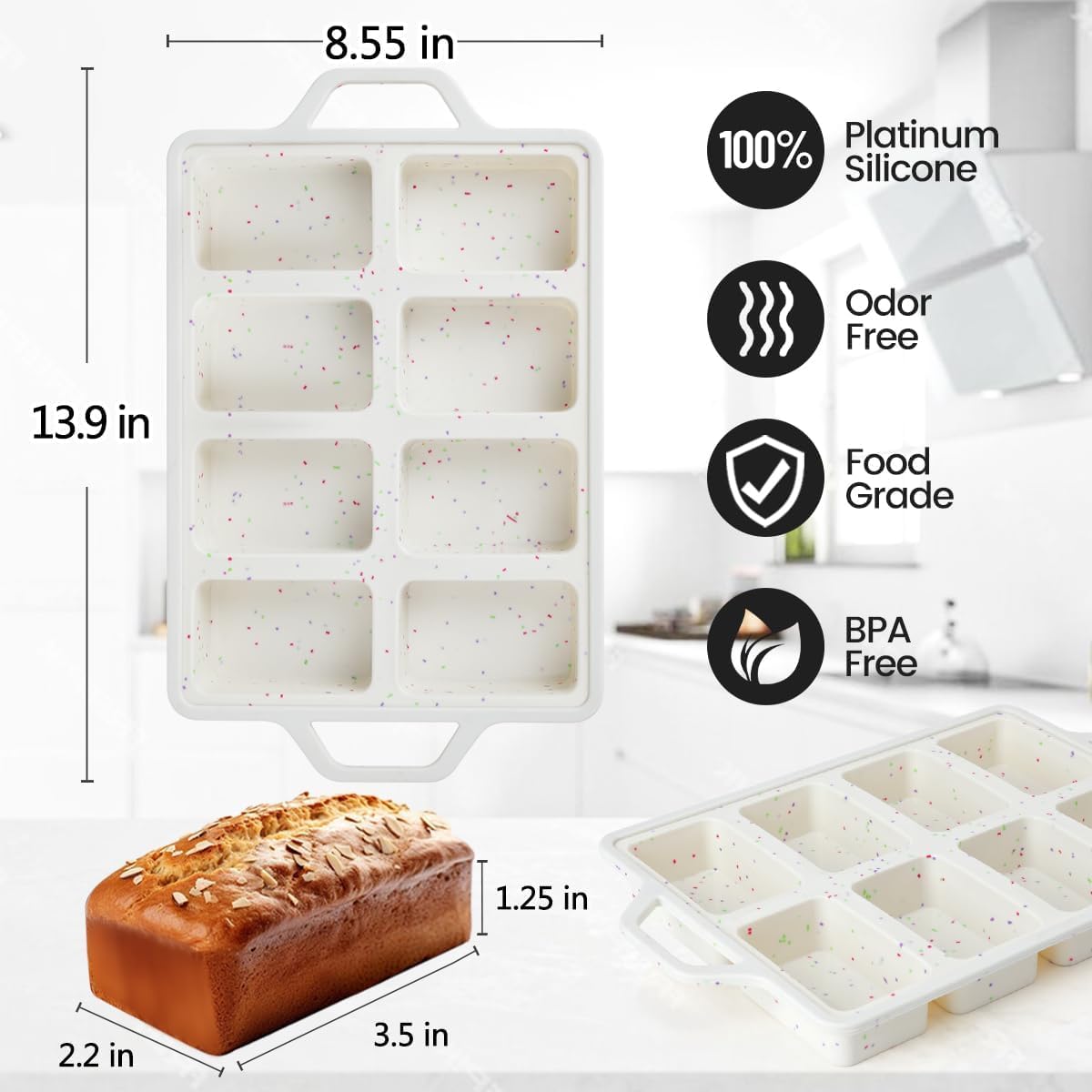 CAKETIME Mini-Kastenform aus Silikon, kleine Maisbrotform, 8 Mulden, Mini-Brotform, Brownie-Pfanne, Maisbrot, Käsekuchen, Schokolade (2 Stück)