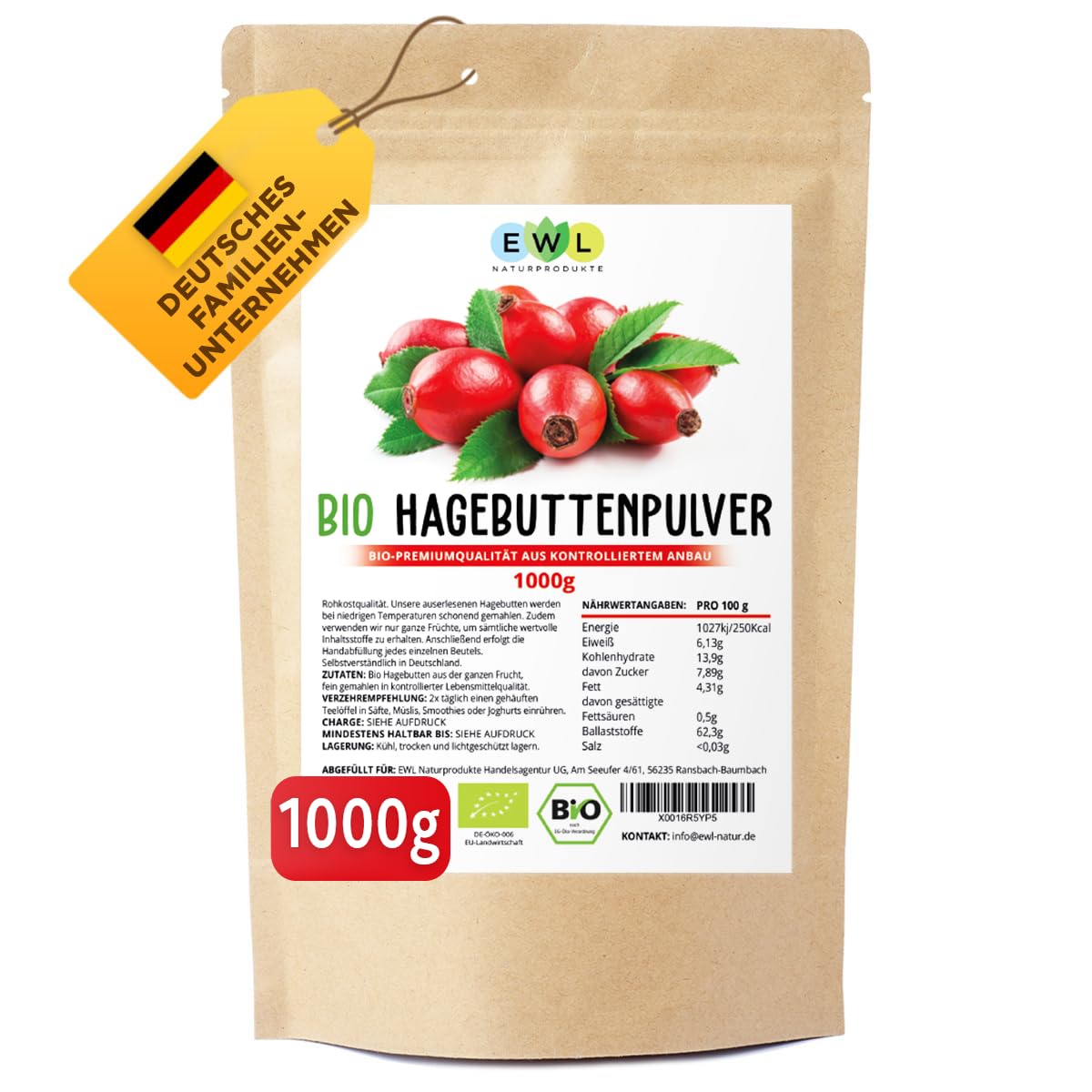 EWL Naturprodukte BIO Hagebuttenpulver 1 kg, ganze Hagebutte gemahlen, in Rohkostqualität, vegan, Hagebuttenpulver Bio aus kontrolliert biologischem Anbau