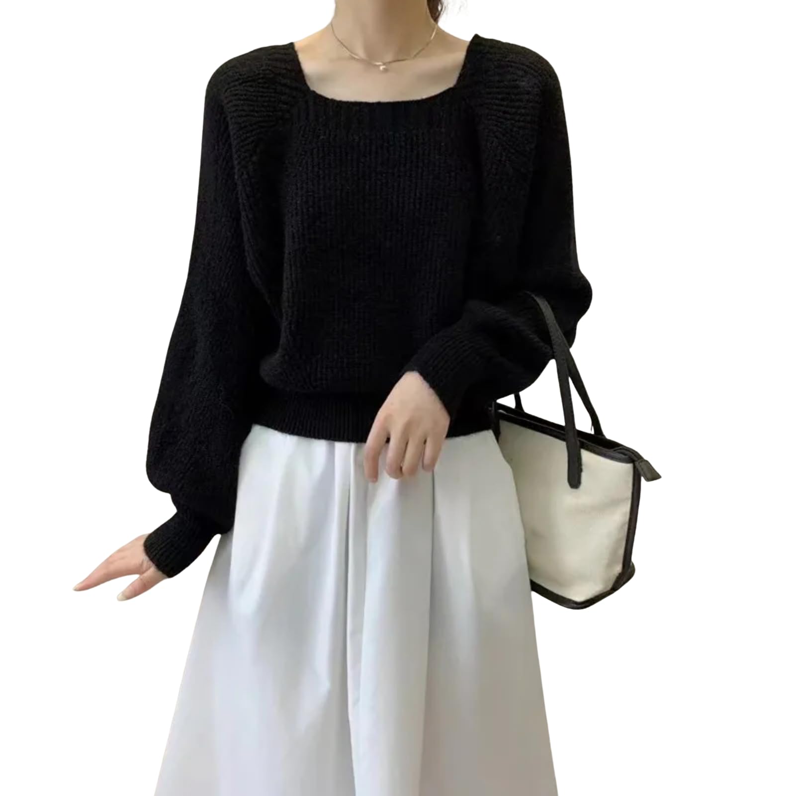 Square Neck Solid Color Retro Casual Women Knitted Sweater Autumn Winter Loose Fit Versatile Short Pullover Tops