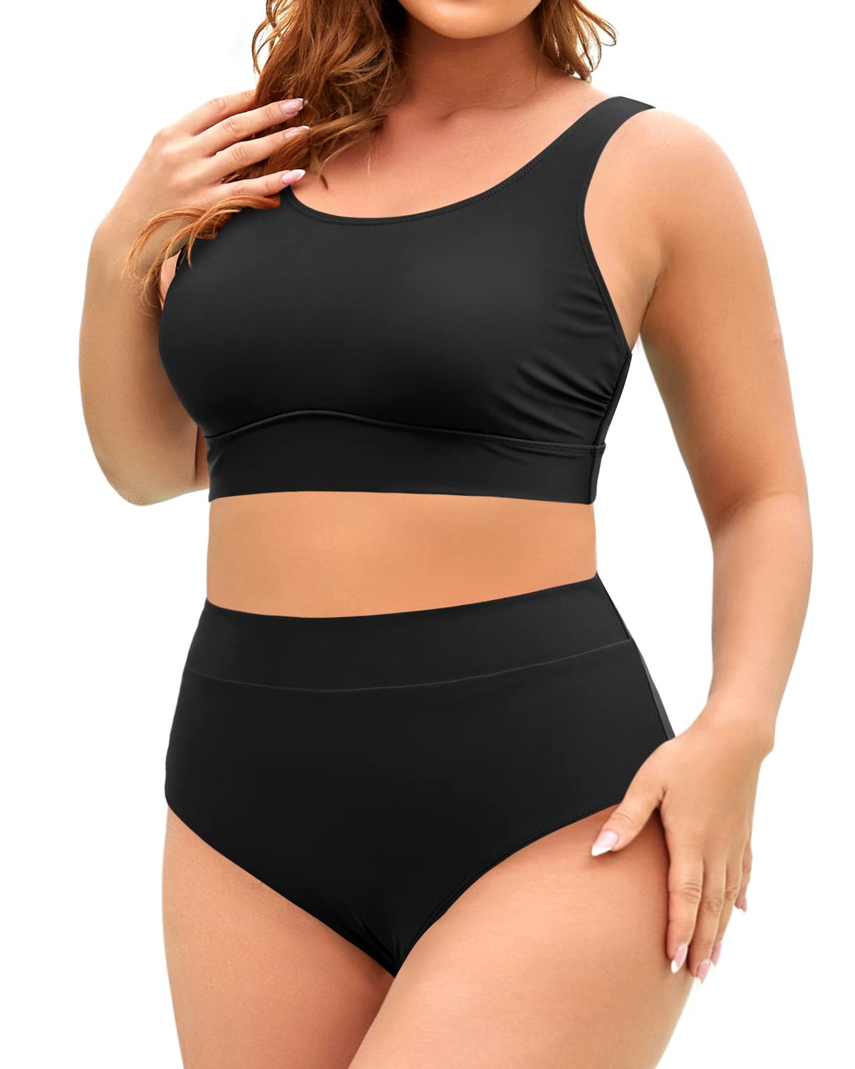 Aqua EvePlus Size Two Piece High Waisted Bikini Swimsuits Scoop Neck Bikini Set Sporty Bathing Suits