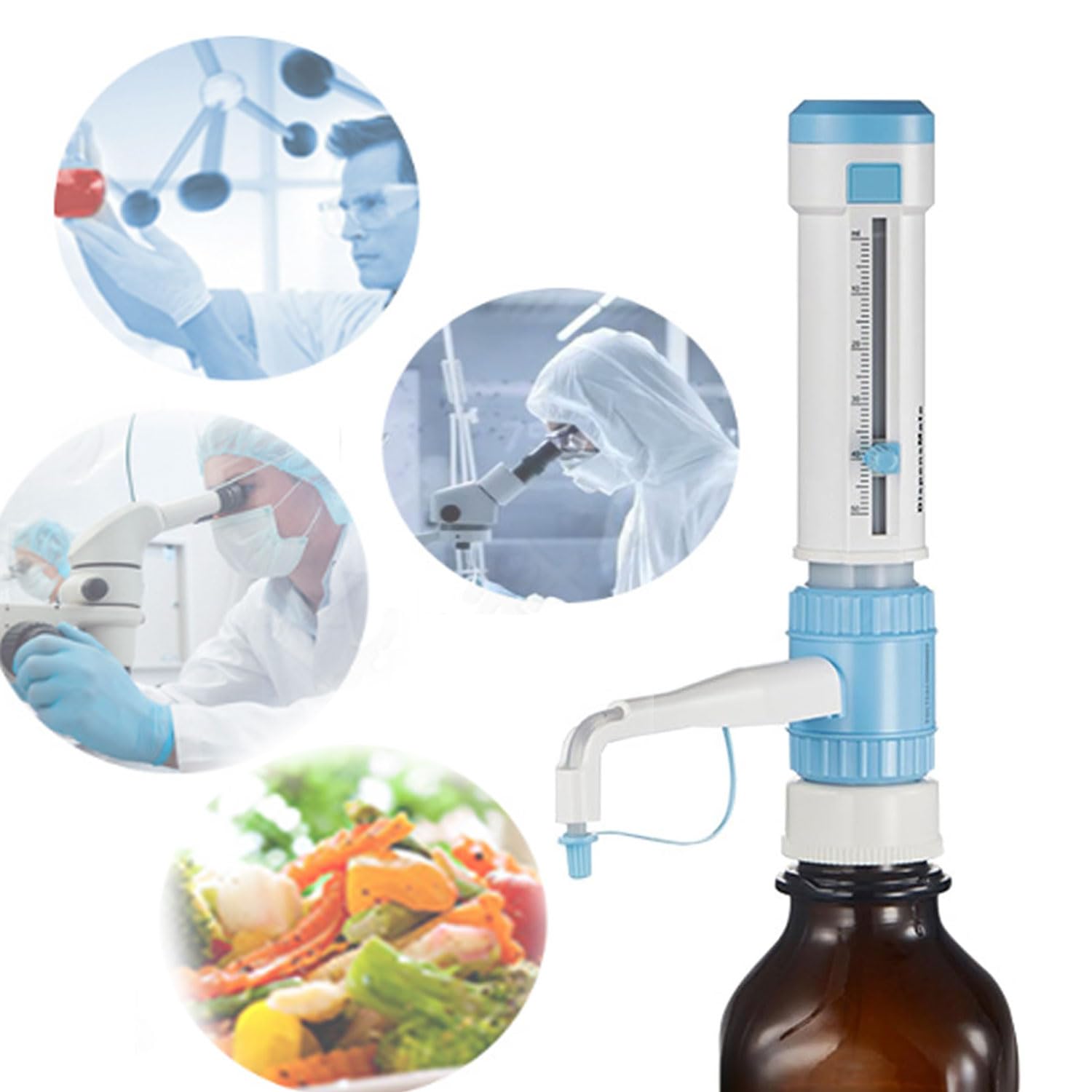 Laboratoryjny dozownik chemikaliów do butelek, polipropylen, regulowana objętość 0,5-50 ml, z adapterami szyjki butelki, do rozpuszczalników badawczych, odczynników i miareczkowania z pojemników