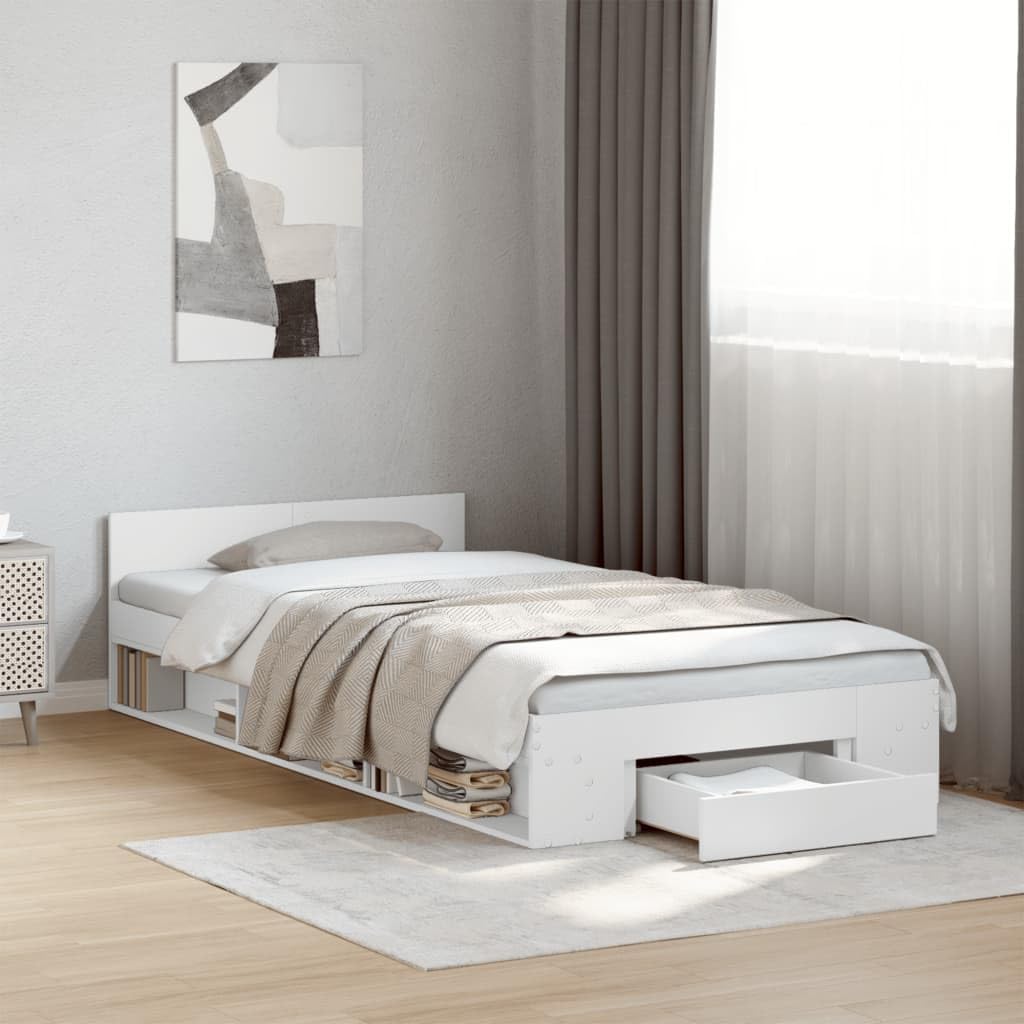 vidaXL Cama con cajón Madera de ingeniería Blanca 90x190 cm, Cama, Cama con almacenaje, Estructura de Cama Individual, Cama Individual