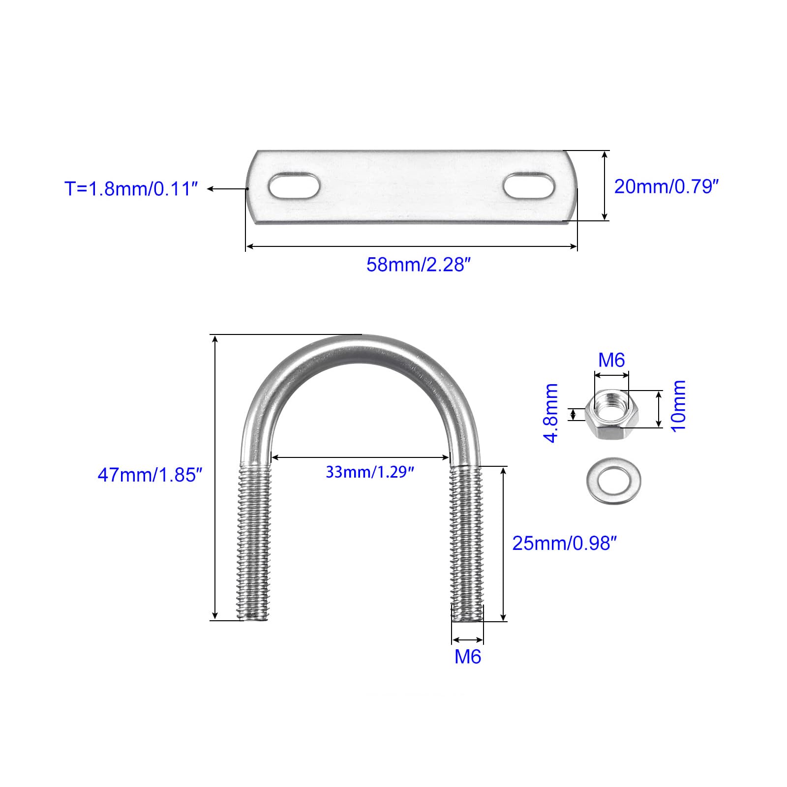MACHSWON Round U-Bolt,2 Set 304 Stainless Steel M6 U Bolts 33mm(1.3") Inner Width 47mm Length with Nuts and Frame Plate for Automobiles Boat Trailer - Image 2