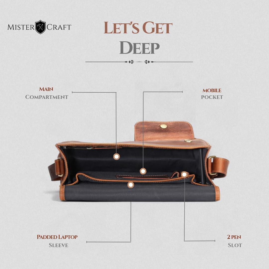 MISTERCRAFT Men’s Genuine Leather Side Sling Bag | Tan Textured Waterproof Crossbody with Padded iPad Sleeve, Multiple Compartments & Magnetic Flap Closure 3