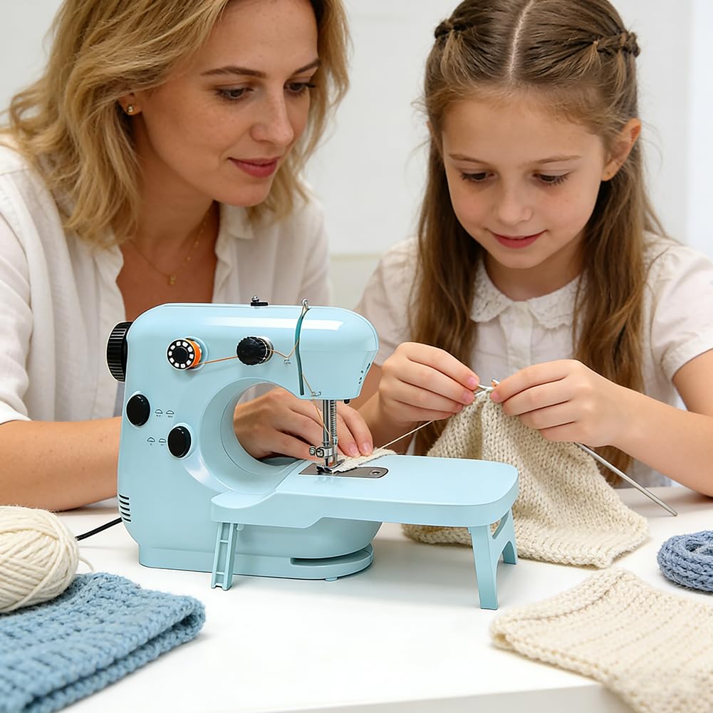 Mini Macchina da Cucire per Bambini, Portatile a Doppia Velocità con Tavolo di Espansione e Luce, Facile da Usare, Blu, Plastica