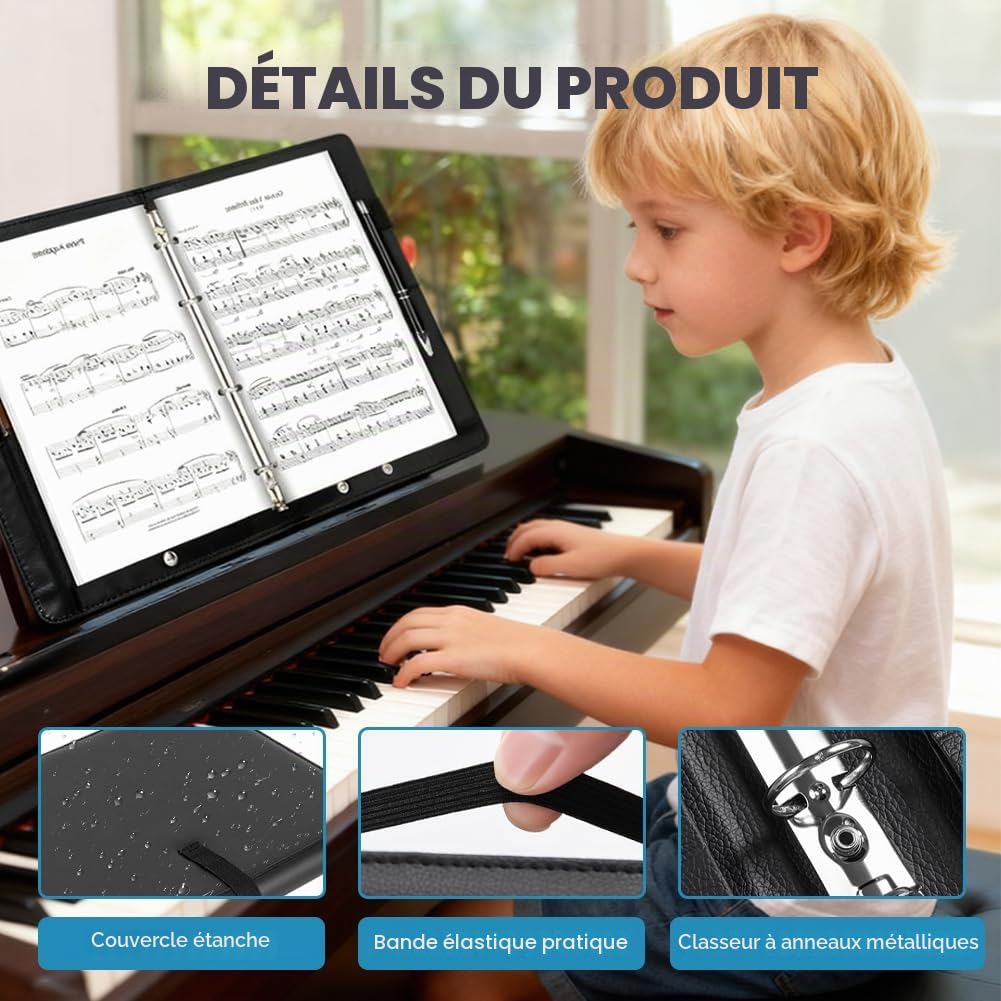 Classeur à partitions A4 noir de luxe en cuir synthétique avec sangle, classeur musical avec poche intérieure et coins de protection, porte-partitions DIN A4, classeur de présentation, capacité 200