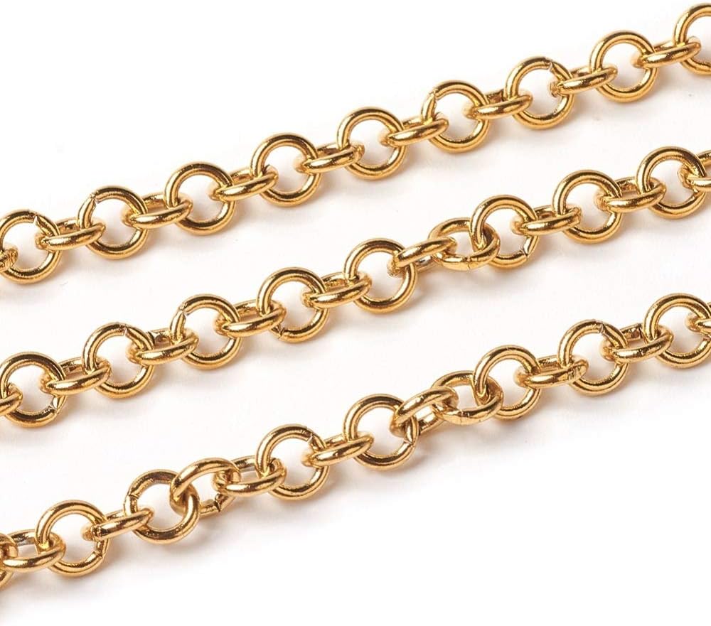 DanLingJewelry 32.8 Feet / 10m Golden Color Stainless Steel Rolo Link Chains Unwelded Round Cable Chain for Jewelry Making Necklace Crafts