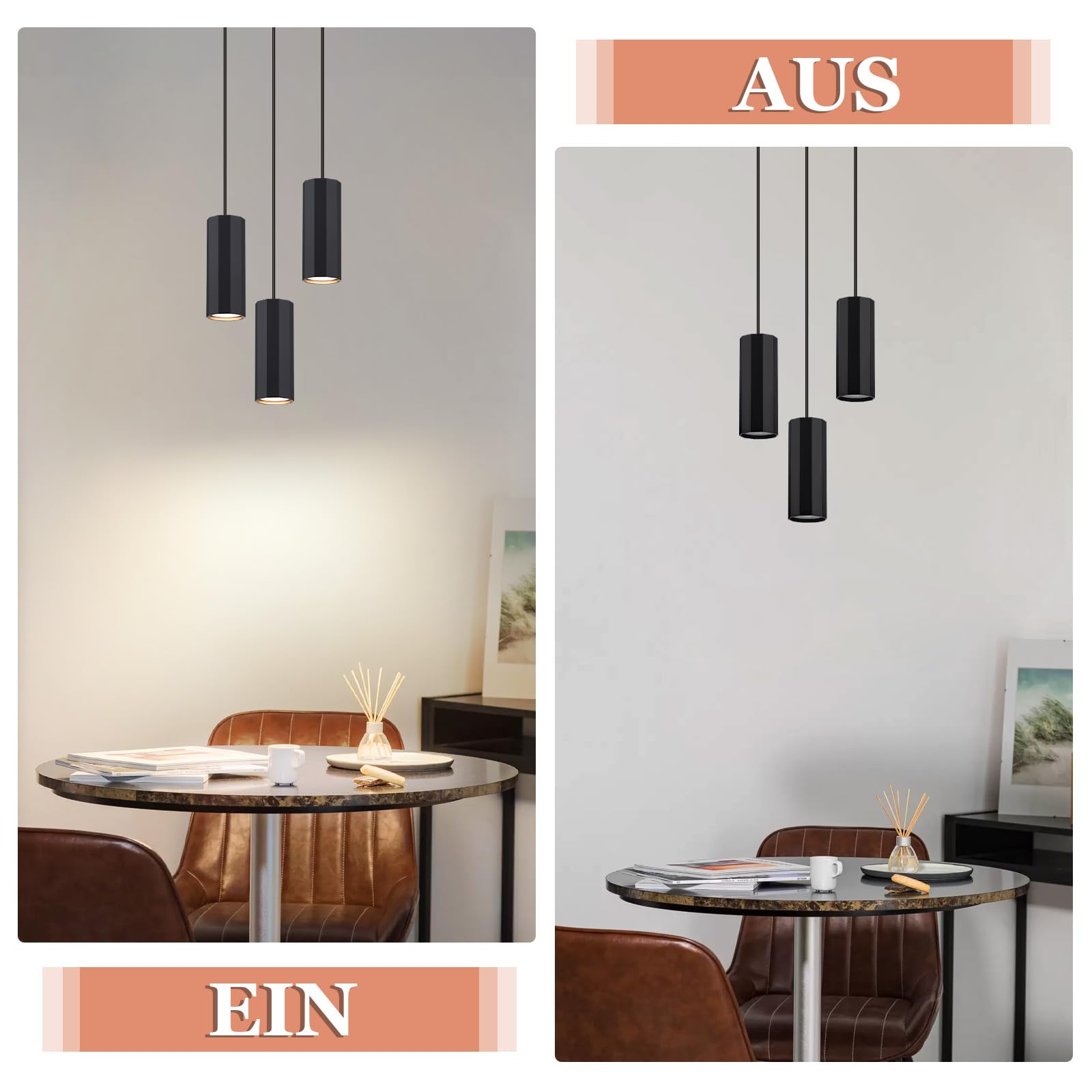 Glitzerlife Pendelleuchte Schwarz 3 Flammig Esstisch - Hängelampe GU10 Hängeleuchte Küche Hänged Esszimmerlampe Metall Höhenverstellbar pendellampe für Innen Esszimmer Schlafzimmer Wohnzimmer