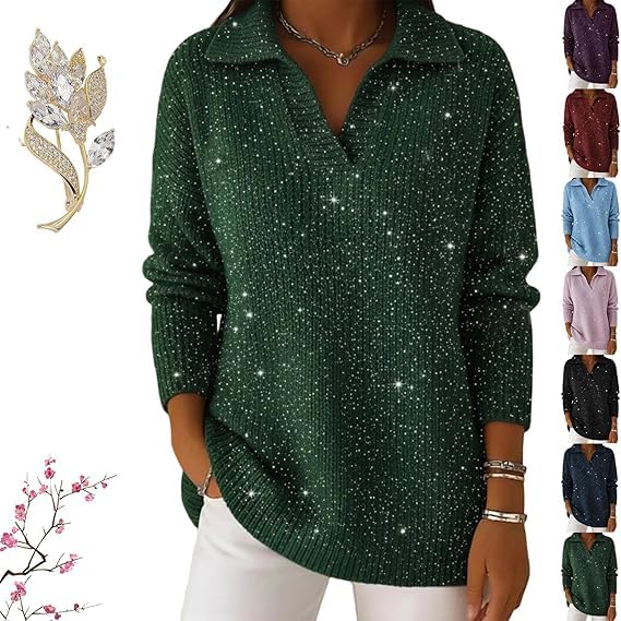 Christmas Party Collar Shiny Loose Sweater Top for Women Womens Elegant Retro Soft Solid Color Sweater