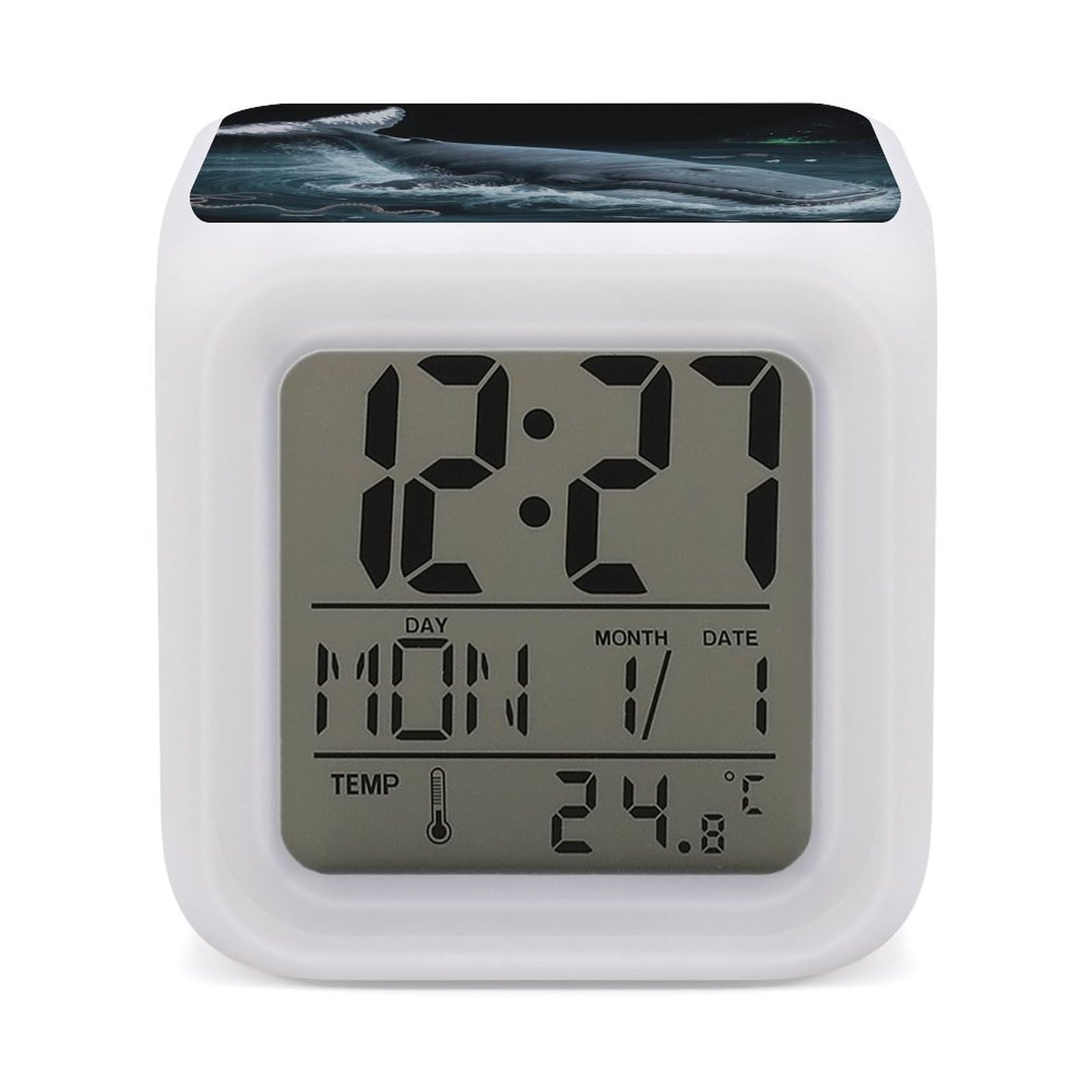 7 Color Ambient Night Light Cube Battery Operated Underwater Whale Digital Clock with Snooze Temperature LED Digital Alarm Clocks Dimmable Wake Up Light Portable Mood Lamp for Bedroom Desk Gift