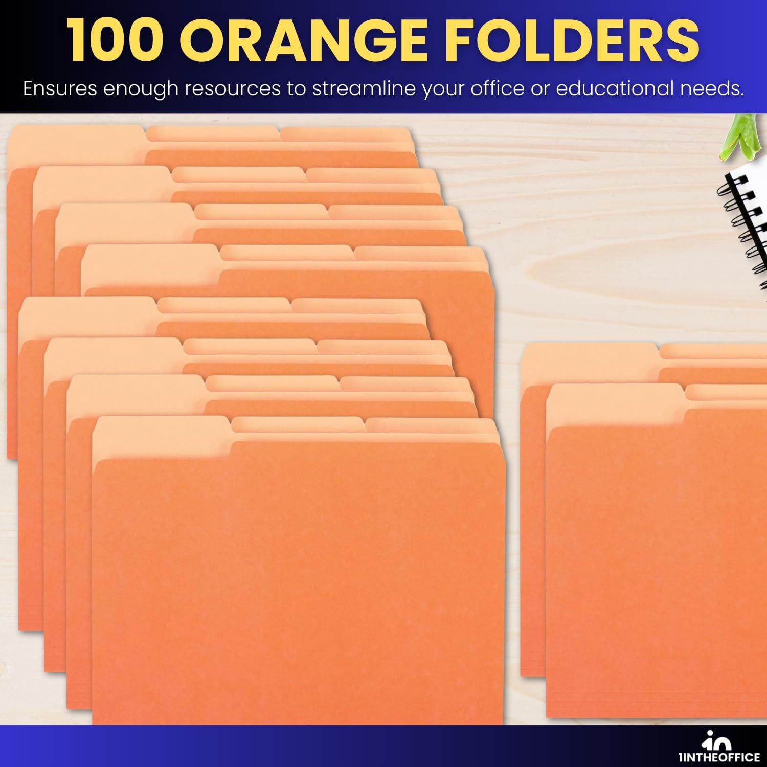 1InTheOffice Orange Folder, Orange File Folders, Durable Folder, File Folder Letter Size, 1/3 Cut Assorted Tab, 100 pcs (100)